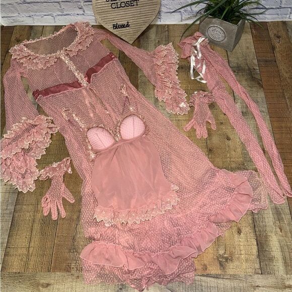 FRUIT DE LA PASSION SET ROBE, BABYDOLL, GLOVES, TIGHTS LINGERIE PINK LACE SMALL